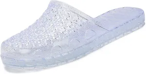 DESESE Women Transparent Closed Toe Jelly Mueller Slippers Hollow Out Flat Mules Transparent Nest Casual Slippers Glitter Clear Flats Slip On Beach Shoes