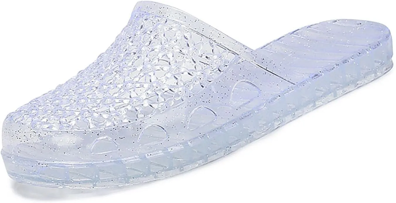 DESESE Women Transparent Closed Toe Jelly Mueller Slippers Hollow Out Flat Mules Transparent Nest Casual Slippers Glitter Clear Flats Slip On Beach Shoes