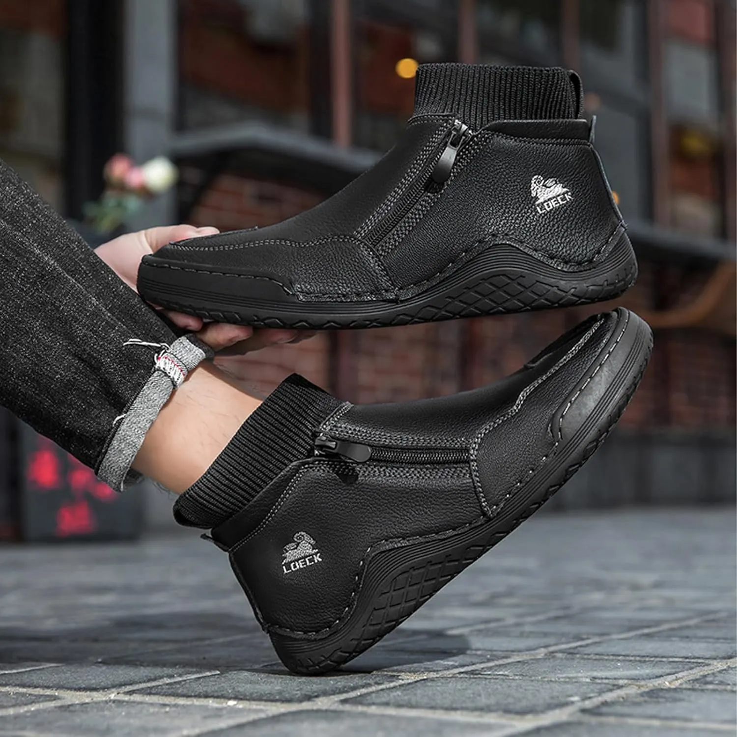 DirraBra Men's Leather Casual Sock High Top Loafers Hand-Stitching Side Zipper Non-Slip Driving Chukka Boots Comfort Warm Fur Lined Driving Ankle Boot