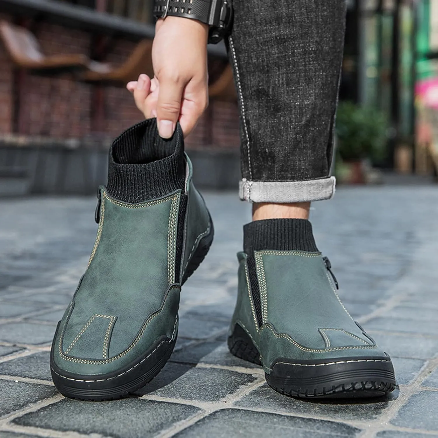 DirraBra Men's Leather Casual Sock High Top Loafers Hand-Stitching Side Zipper Non-Slip Driving Chukka Boots Comfort Warm Fur Lined Driving Ankle Boot