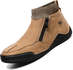 DirraBra Men's Leather Casual Sock High Top Loafers Hand-Stitching Side Zipper Non-Slip Driving Chukka Boots Comfort Warm Fur Lined Driving Ankle Boot
