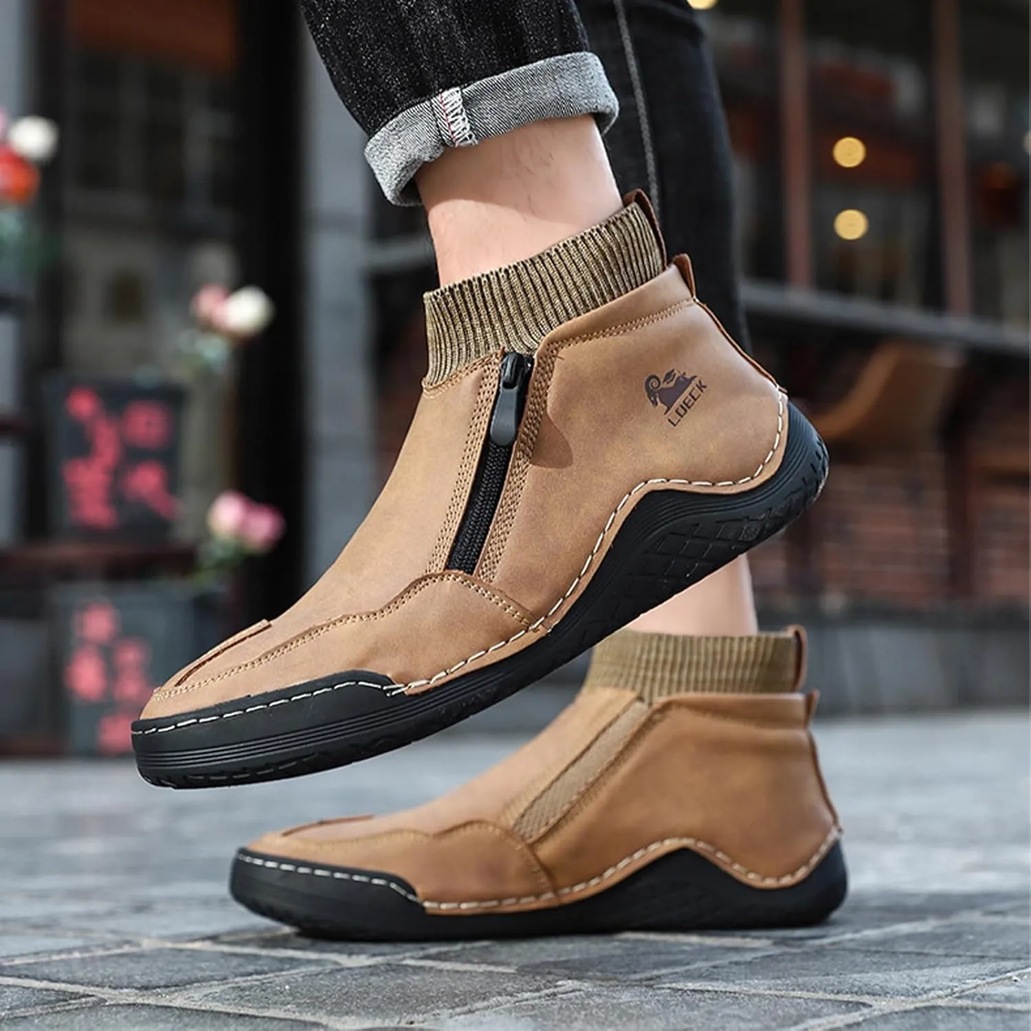 DirraBra Men's Leather Casual Sock High Top Loafers Hand-Stitching Side Zipper Non-Slip Driving Chukka Boots Comfort Warm Fur Lined Driving Ankle Boot