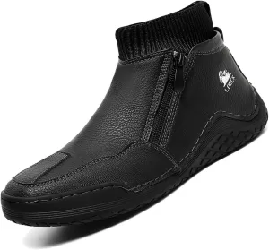 DirraBra Men's Leather Casual Sock High Top Loafers Hand-Stitching Side Zipper Non-Slip Driving Chukka Boots Comfort Warm Fur Lined Driving Ankle Boot