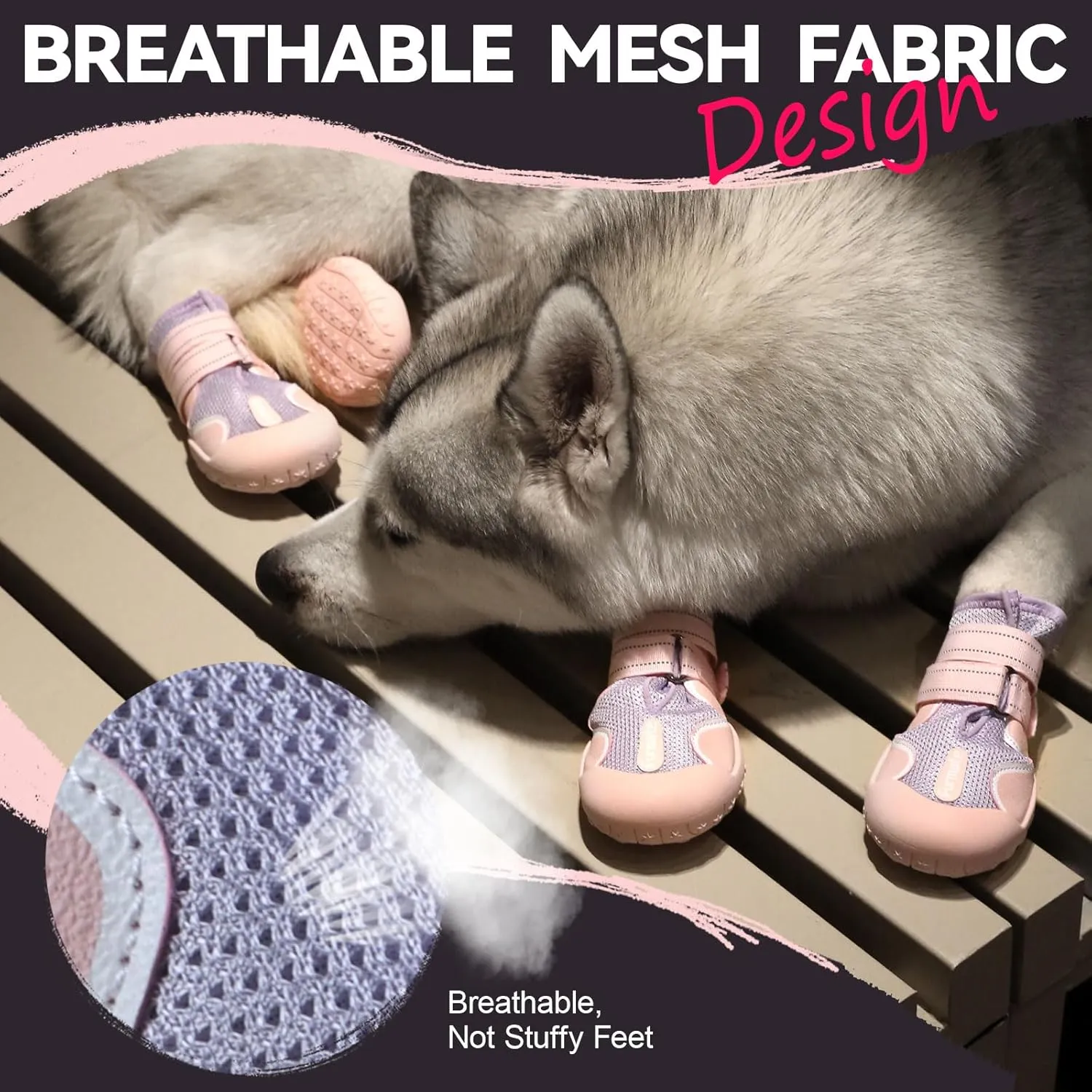 Dog Shoes for Large Small Medium Dogs, Breathable Mesh Dog Boots & Paw Protectors for Summer Hot Pavement Winter Snow, Waterproof Anti-Slip Dog Booties for Hiking Hardwood Floors(Pink-Purple7)