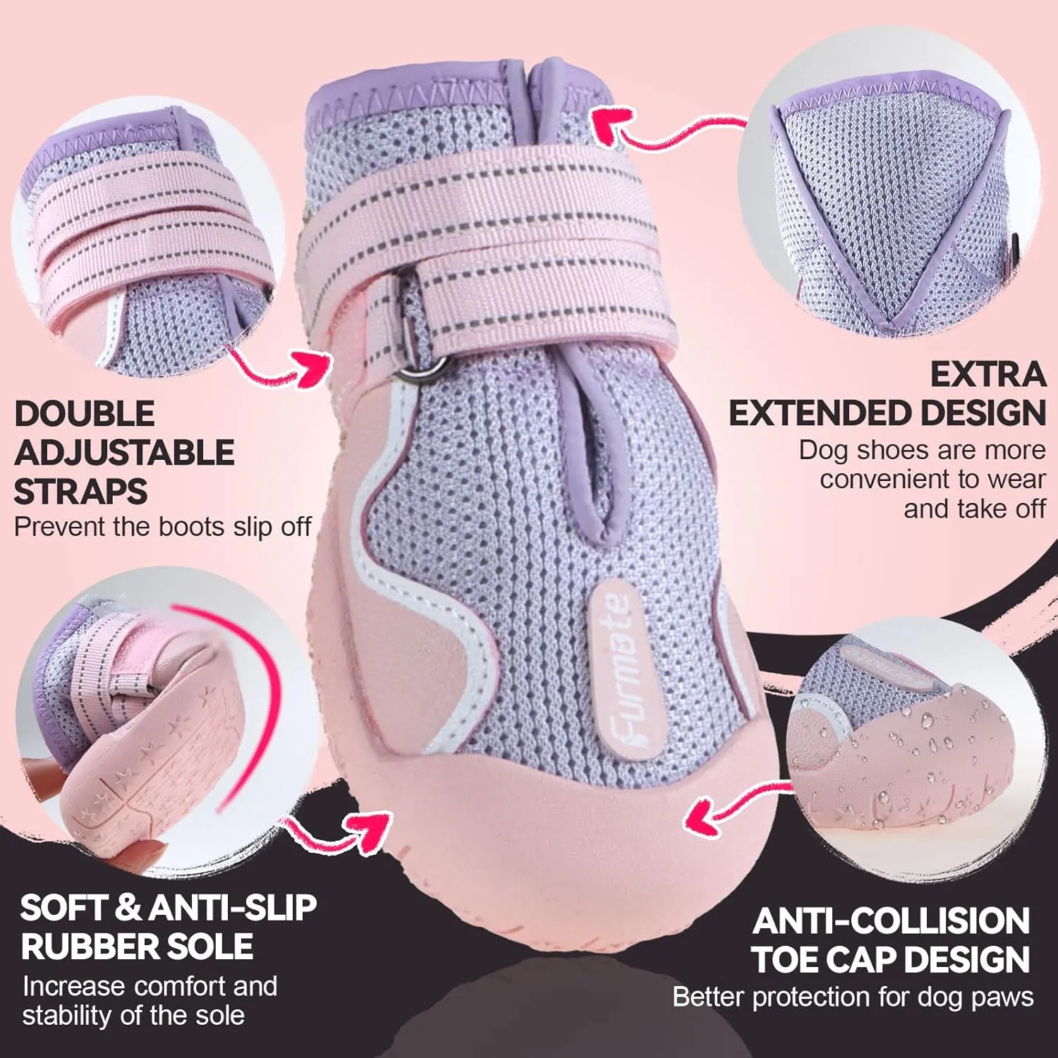 Dog Shoes for Large Small Medium Dogs, Breathable Mesh Dog Boots & Paw Protectors for Summer Hot Pavement Winter Snow, Waterproof Anti-Slip Dog Booties for Hiking Hardwood Floors(Pink-Purple7)