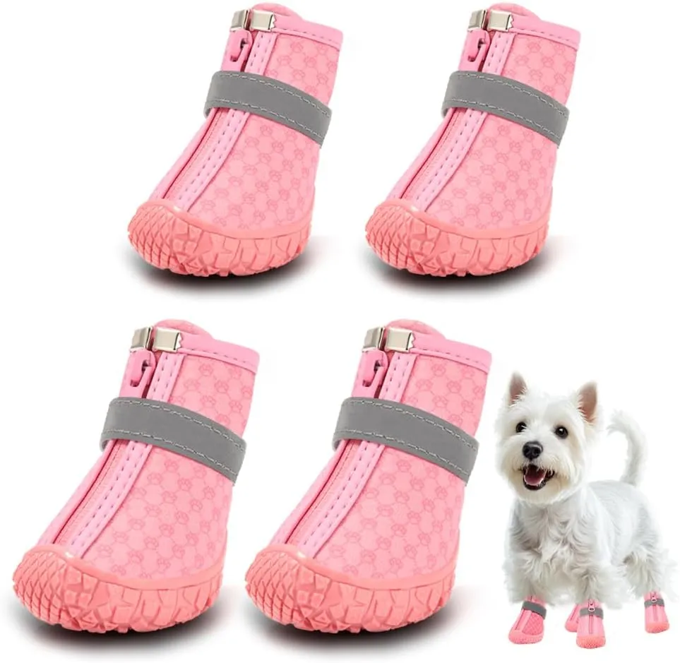 Dog Shoes for Small Dogs, Waterproof Dog Boots Paw Protector for Hot Pavement Winter Snow, Dog Booties with Reflective Strips Rugged Anti-Slip Sole for Hardwood Floors Outdoor Walking Pink Size 2