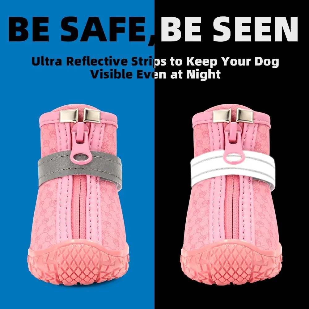 Dog Shoes for Small Dogs, Waterproof Dog Boots Paw Protector for Hot Pavement Winter Snow, Dog Booties with Reflective Strips Rugged Anti-Slip Sole for Hardwood Floors Outdoor Walking Pink Size 2