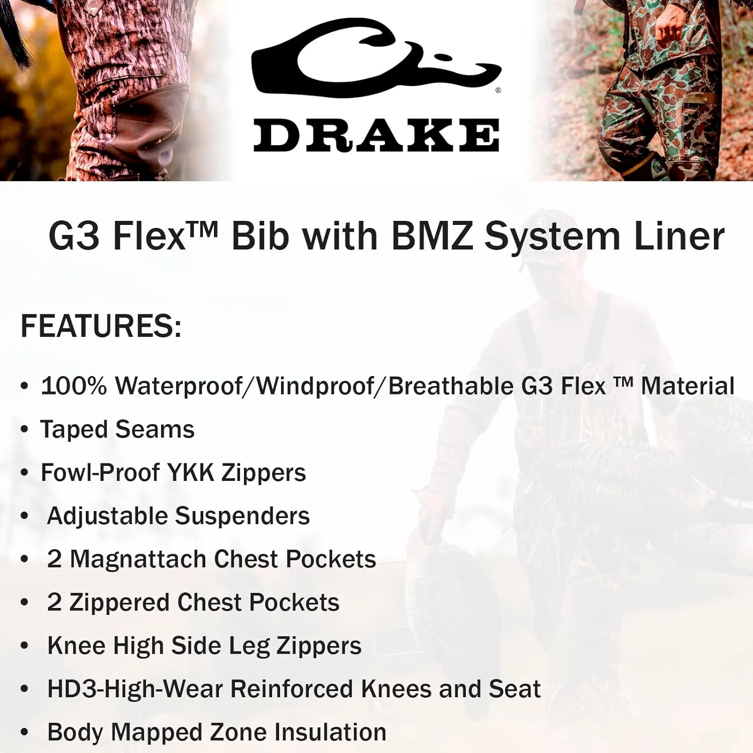 Drake Waterfowl Men's Guardian G3 Flex Insulated Windproof Waterproof Breathable All-Season Camo Hunting Bibs with BMZ System