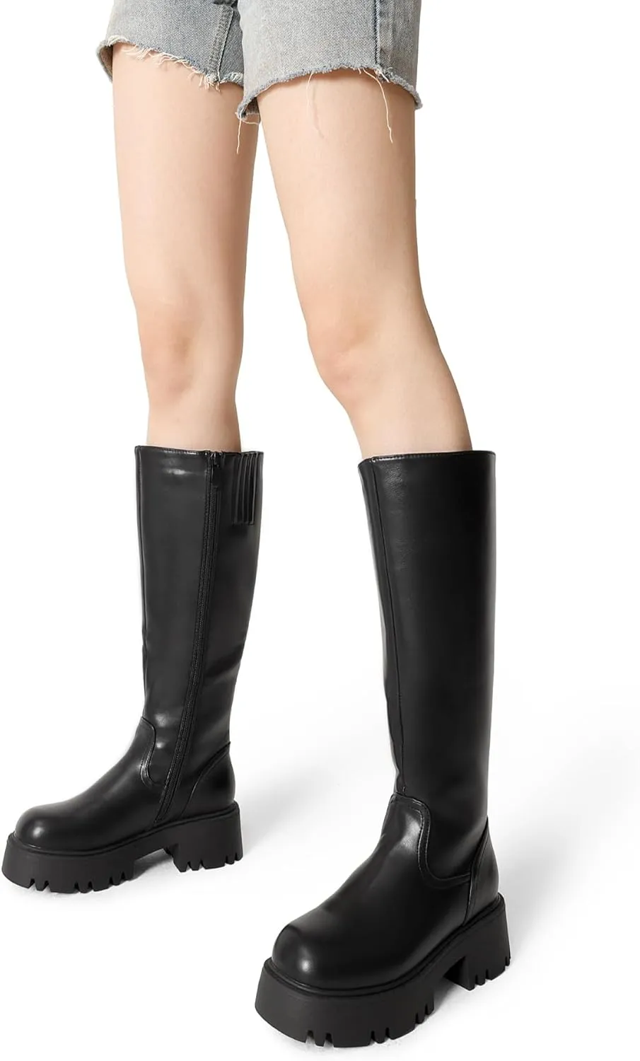 DREAM PAIRS Knee High Boots, Comfortable Chunky Platform Round-Toe Side Zip Boots for Women