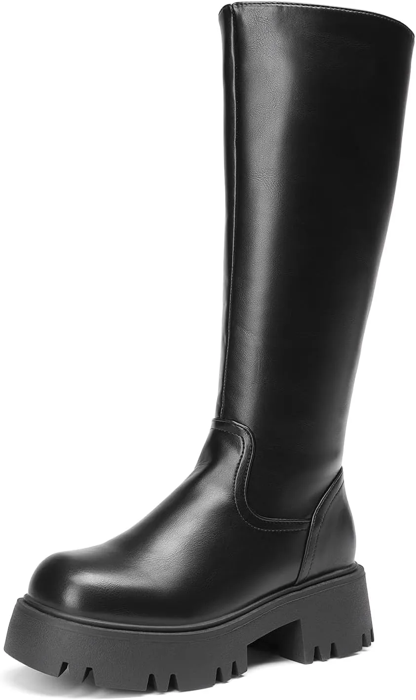 DREAM PAIRS Knee High Boots, Comfortable Chunky Platform Round-Toe Side Zip Boots for Women