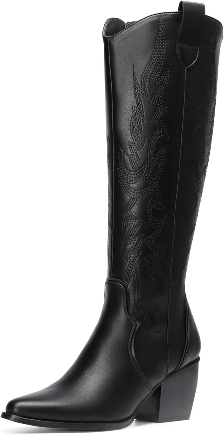 DREAM PAIRS Womens Cowboy Boots Wide Calf Comfortable Pull On Zipper Chunky Heel Pointed Toe Embroidered Western Cowgirl Knee High Boots Girls Ladies Retro Tall Boot