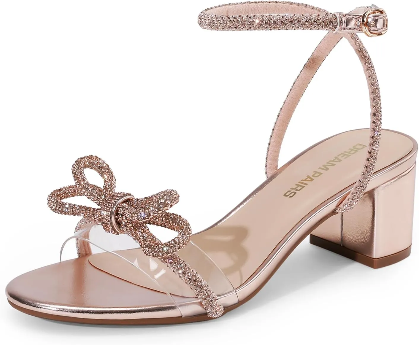 DREAM PAIRS Women's Double Bowknots Crystal Sandals Low Chunky Heels Clear Slingback Dress Shoes for Wedding Bridal Party