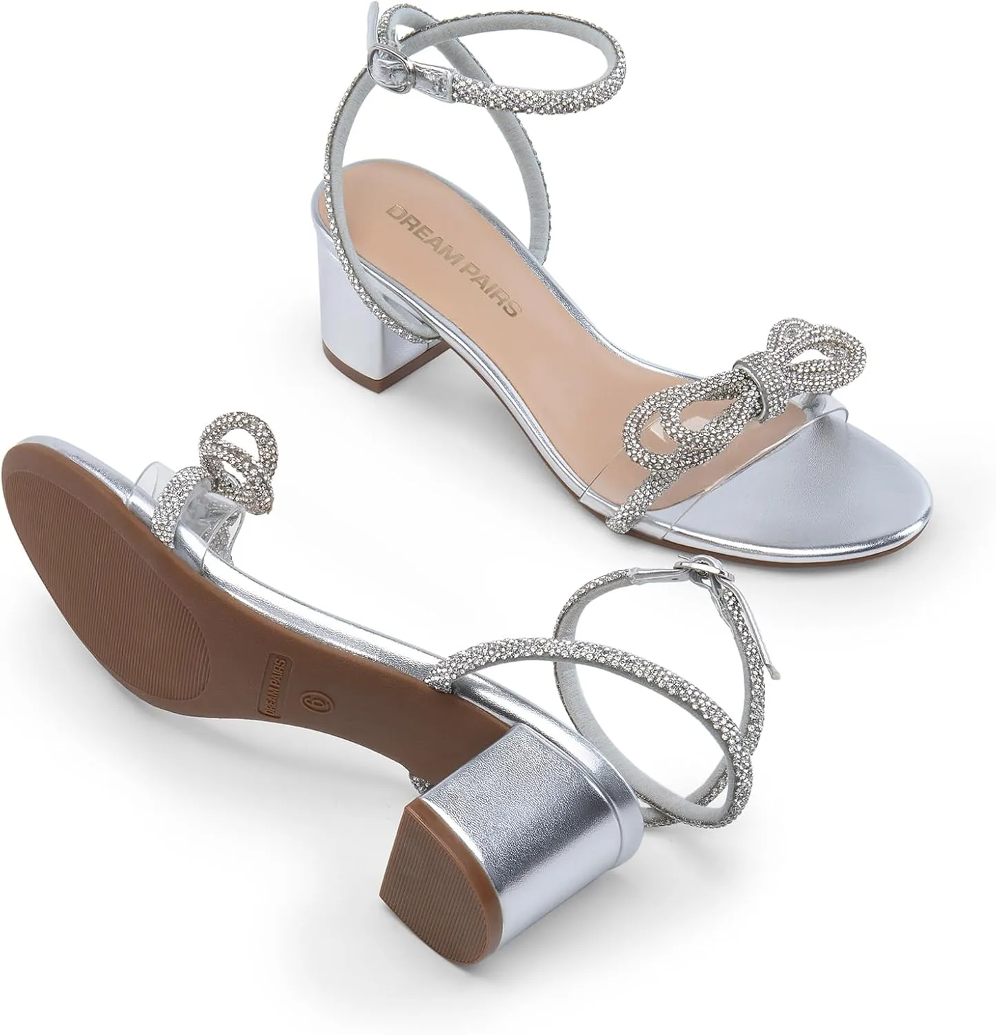 DREAM PAIRS Women's Double Bowknots Crystal Sandals Low Chunky Heels Clear Slingback Dress Shoes for Wedding Bridal Party