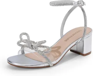 DREAM PAIRS Women's Double Bowknots Crystal Sandals Low Chunky Heels Clear Slingback Dress Shoes for Wedding Bridal Party
