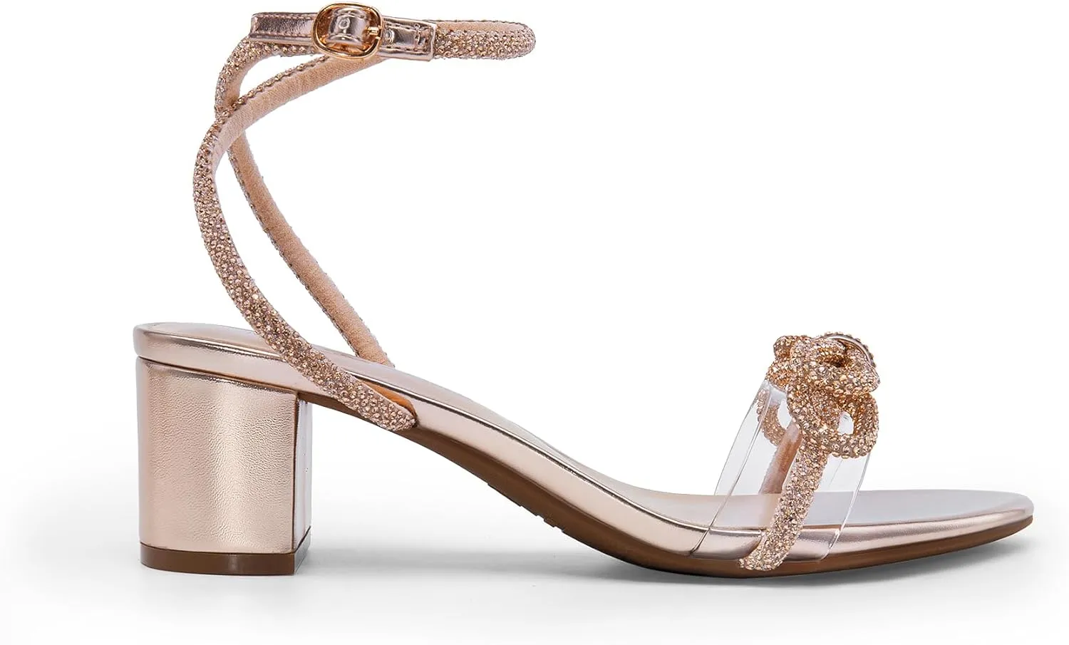 DREAM PAIRS Women's Double Bowknots Crystal Sandals Low Chunky Heels Clear Slingback Dress Shoes for Wedding Bridal Party