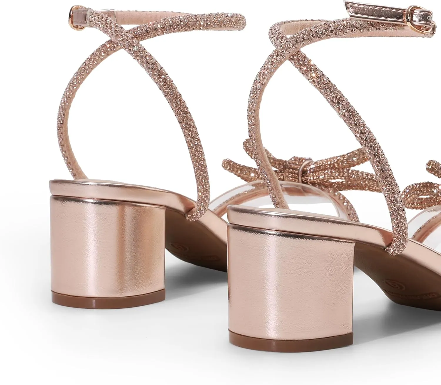 DREAM PAIRS Women's Double Bowknots Crystal Sandals Low Chunky Heels Clear Slingback Dress Shoes for Wedding Bridal Party
