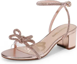 DREAM PAIRS Women's Double Bowknots Crystal Sandals Low Chunky Heels Clear Slingback Dress Shoes for Wedding Bridal Party