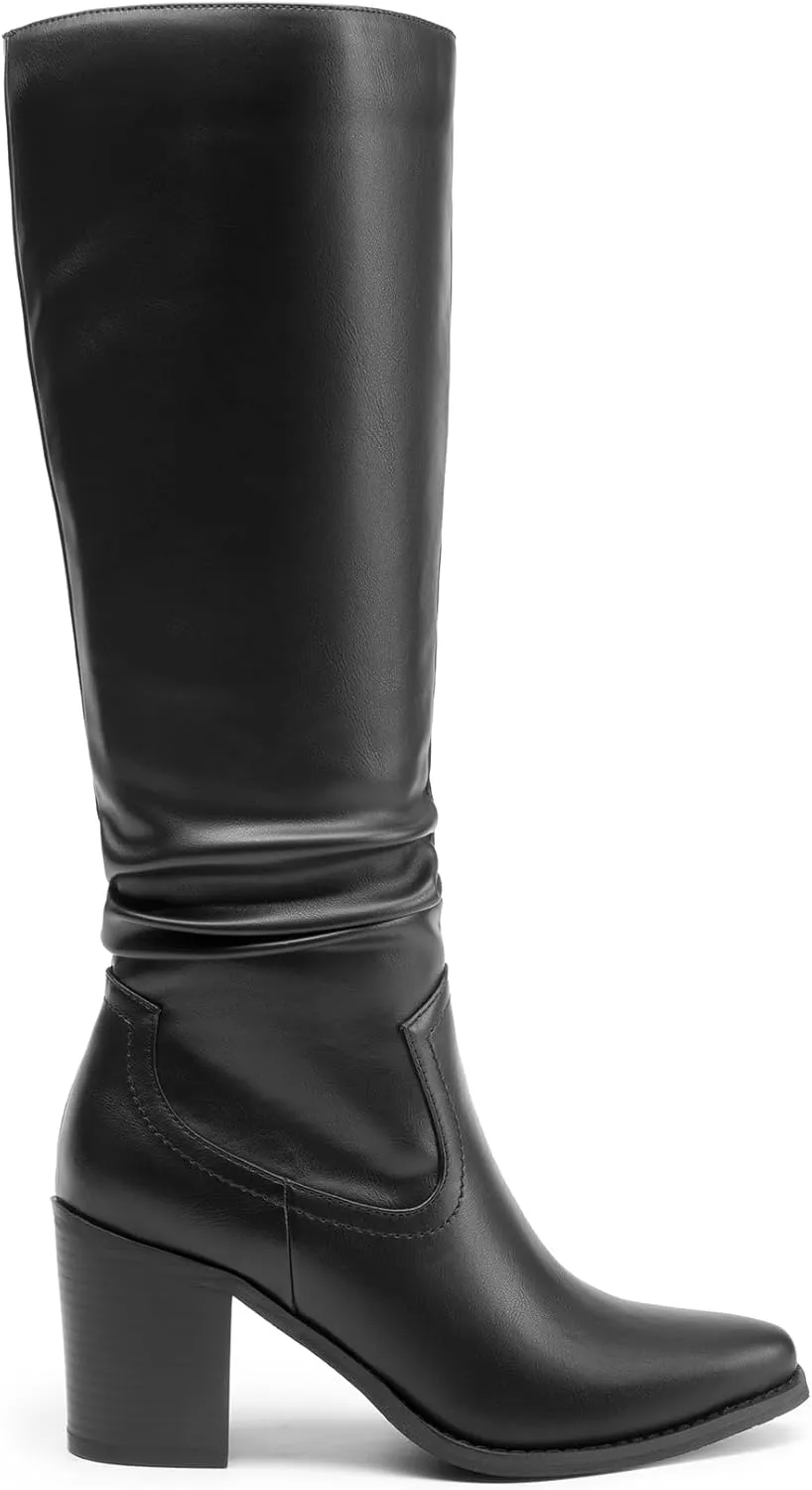 DREAM PAIRS Women's Knee-High Boots, Comfortable Chunky Block Heel Pointed Toe Pull On Side Zipper Suede Slouch Riding Boots