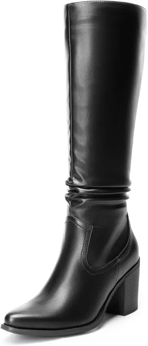 DREAM PAIRS Women's Knee-High Boots, Comfortable Chunky Block Heel Pointed Toe Pull On Side Zipper Suede Slouch Riding Boots