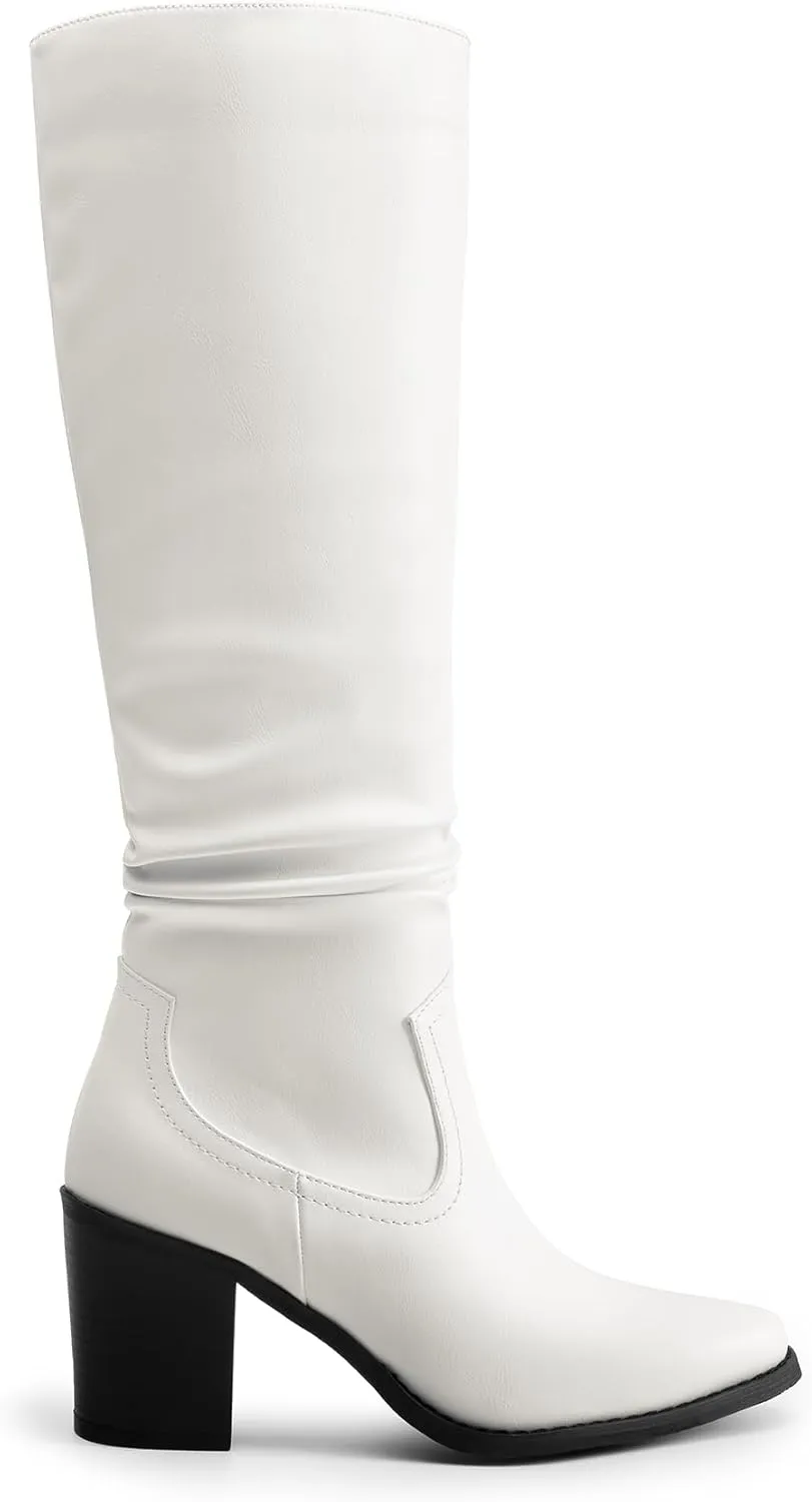 DREAM PAIRS Women's Knee-High Boots, Comfortable Chunky Block Heel Pointed Toe Pull On Side Zipper Suede Slouch Riding Boots