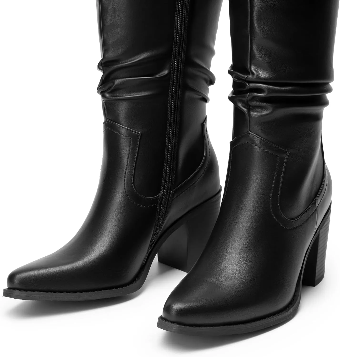 DREAM PAIRS Women's Knee-High Boots, Comfortable Chunky Block Heel Pointed Toe Pull On Side Zipper Suede Slouch Riding Boots