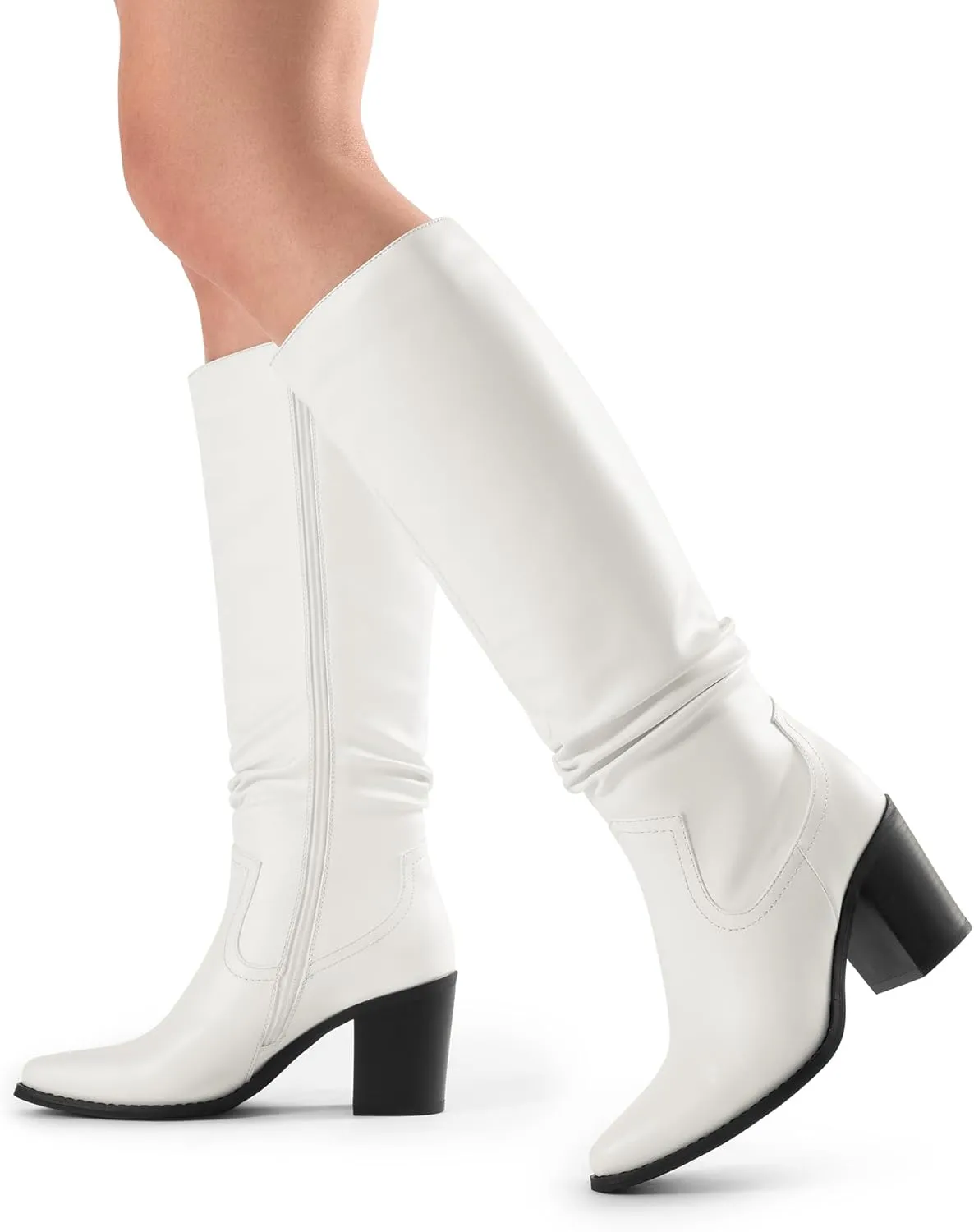 DREAM PAIRS Women's Knee-High Boots, Comfortable Chunky Block Heel Pointed Toe Pull On Side Zipper Suede Slouch Riding Boots