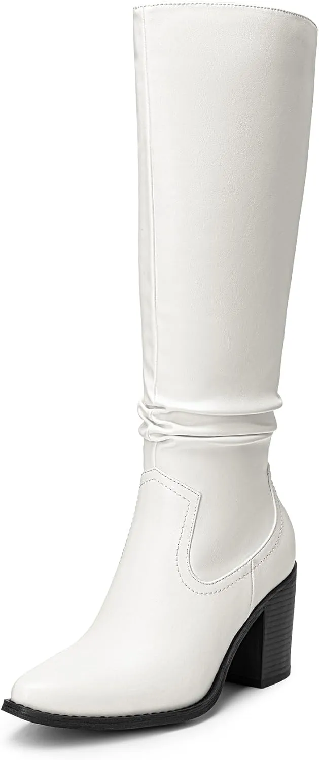 DREAM PAIRS Women's Knee-High Boots, Comfortable Chunky Block Heel Pointed Toe Pull On Side Zipper Suede Slouch Riding Boots