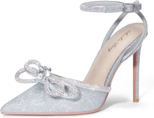 Elisabet Tang Women's High Heel Pumps,Satin Rhinestone Bowknot Lace Up Sandals Pointed Toe Ankle Buckle Straps Pump Stiletto Sandals