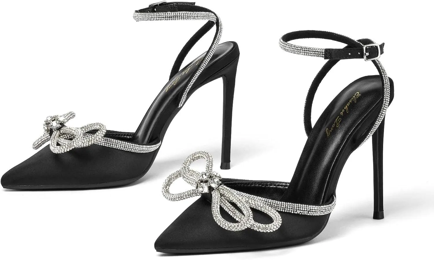 Elisabet Tang Women's High Heel Pumps,Satin Rhinestone Bowknot Lace Up Sandals Pointed Toe Ankle Buckle Straps Pump Stiletto Sandals