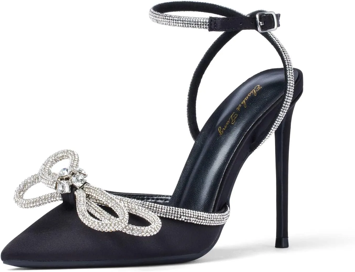 Elisabet Tang Women's High Heel Pumps,Satin Rhinestone Bowknot Lace Up Sandals Pointed Toe Ankle Buckle Straps Pump Stiletto Sandals