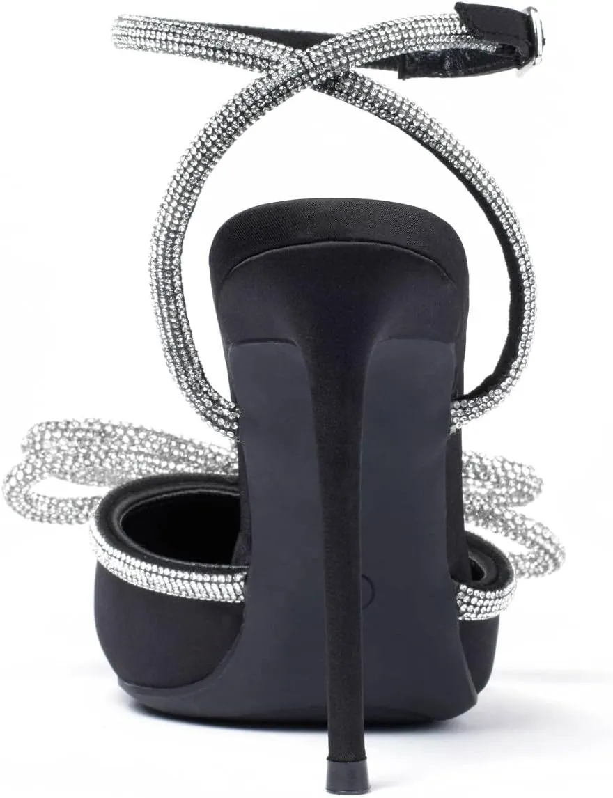 Elisabet Tang Women's High Heel Pumps,Satin Rhinestone Bowknot Lace Up Sandals Pointed Toe Ankle Buckle Straps Pump Stiletto Sandals