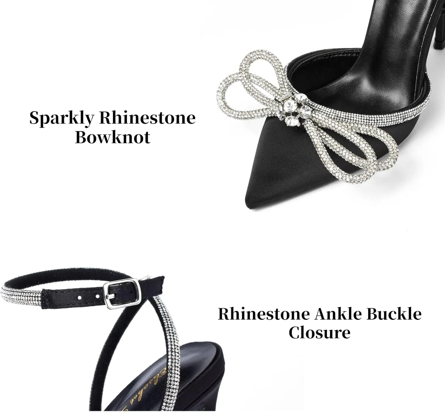 Elisabet Tang Women's High Heel Pumps,Satin Rhinestone Bowknot Lace Up Sandals Pointed Toe Ankle Buckle Straps Pump Stiletto Sandals