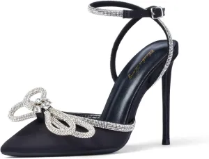 Elisabet Tang Women's High Heel Pumps,Satin Rhinestone Bowknot Lace Up Sandals Pointed Toe Ankle Buckle Straps Pump Stiletto Sandals