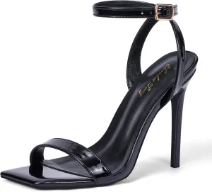 Elisabet Tang Women's Stiletto Heels Ankle Strap Open Square Toe Heeled Sandals Sexy Comfort Strappy Dress High Heel Shoes Lace Up Wedding Party Sandals Shoes
