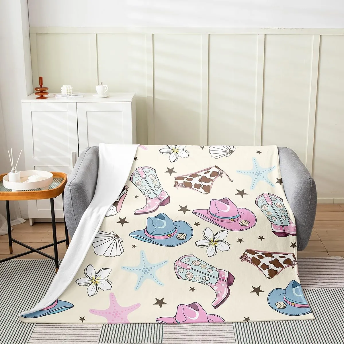 Erosebridal Cowgirl Flannel Blanket Twin 60x80 Inch Cartoon Hats Fleece Throw Blanket for Girls Women Boots Starfish Summer Sea Shell Floral Yellow Blue Soft Room Decor