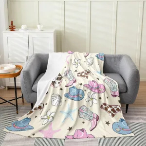 Erosebridal Cowgirl Flannel Blanket Twin 60x80 Inch Cartoon Hats Fleece Throw Blanket for Girls Women Boots Starfish Summer Sea Shell Floral Yellow Blue Soft Room Decor