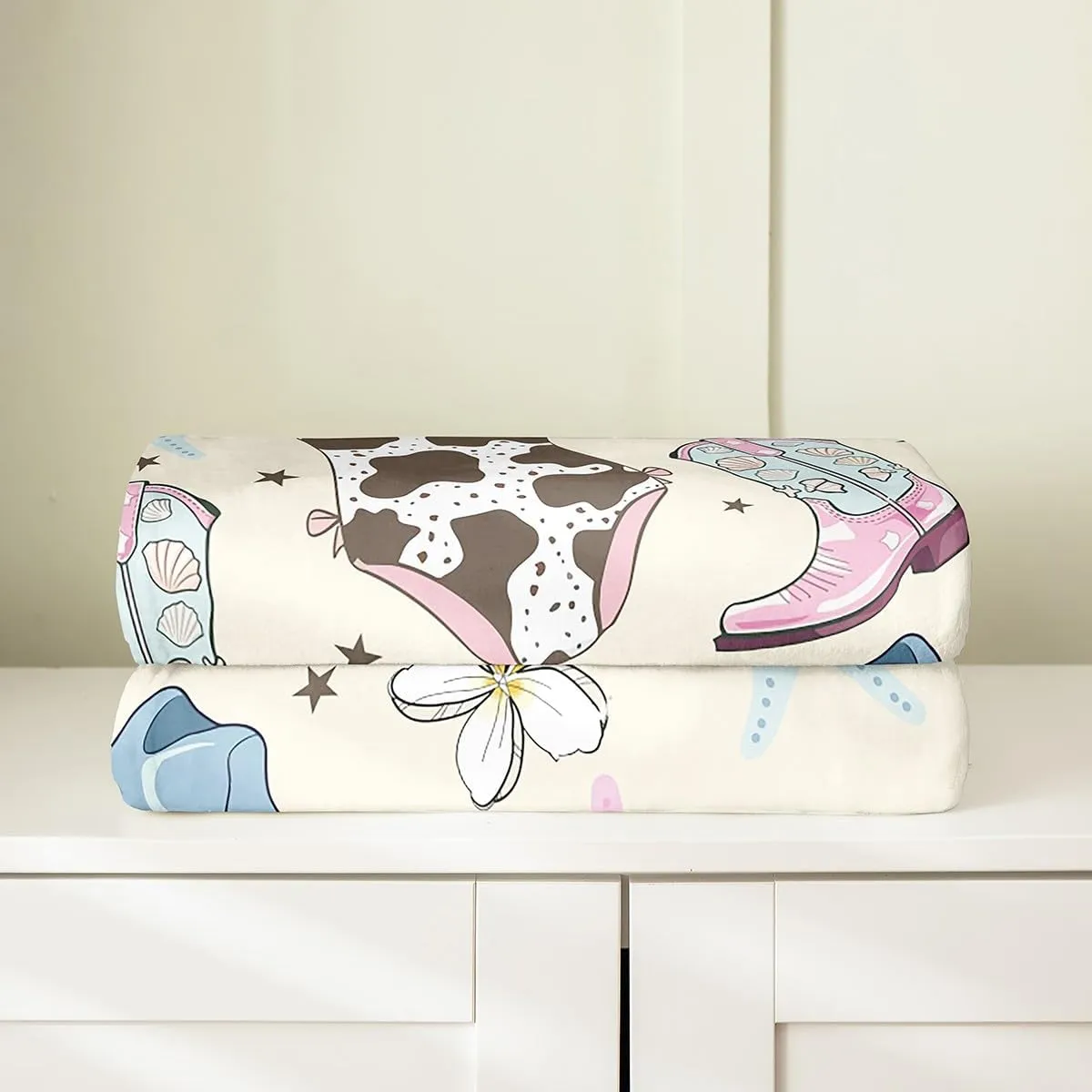 Erosebridal Cowgirl Flannel Blanket Twin 60x80 Inch Cartoon Hats Fleece Throw Blanket for Girls Women Boots Starfish Summer Sea Shell Floral Yellow Blue Soft Room Decor