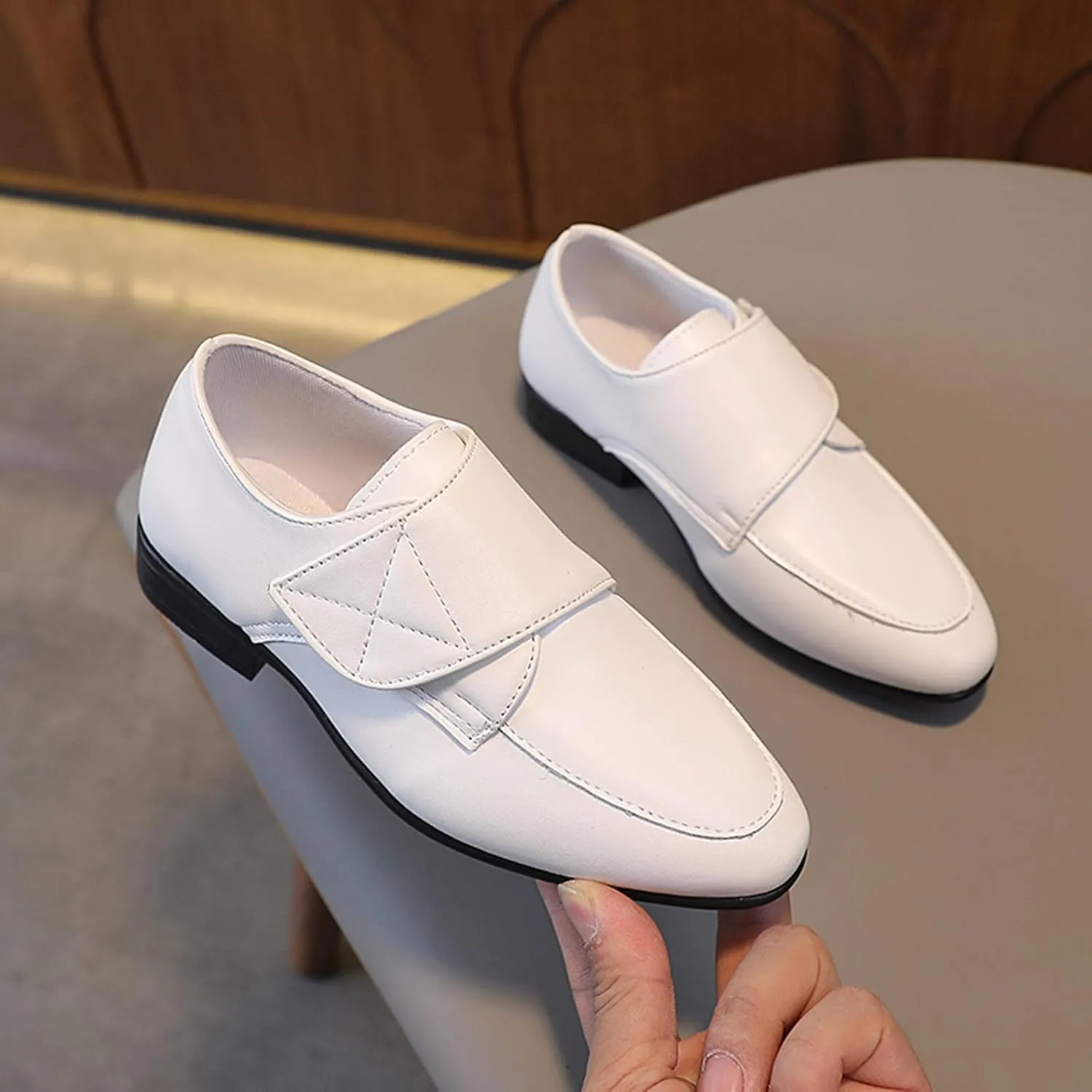 Fashion Children Boys Leather Shoes Pointed Low Heel Solid Color Hook Loop Slip On Dress Shoes for Toddler Girls