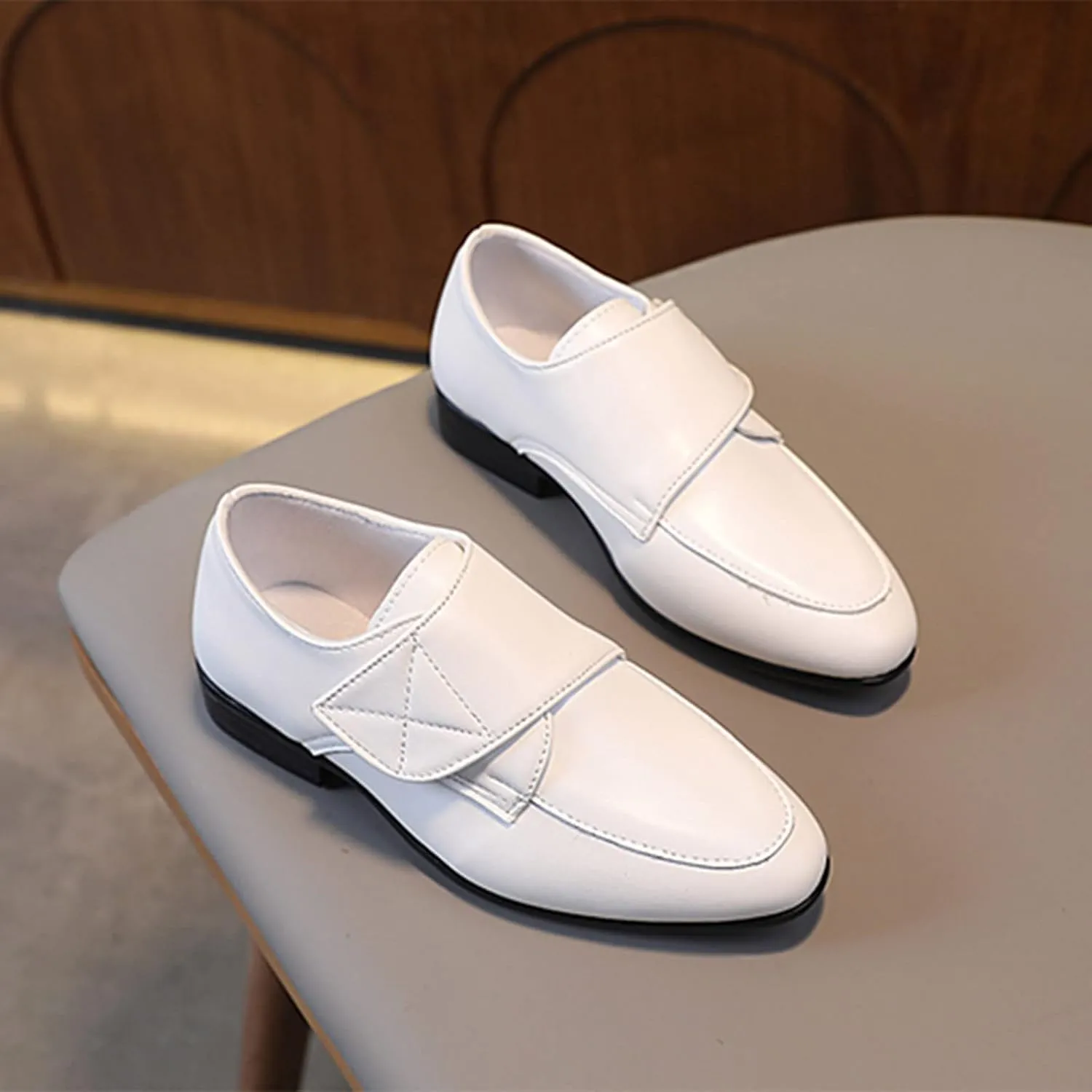 Fashion Children Boys Leather Shoes Pointed Low Heel Solid Color Hook Loop Slip On Dress Shoes for Toddler Girls