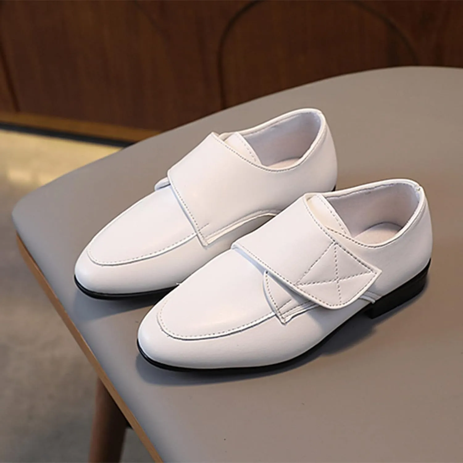 Fashion Children Boys Leather Shoes Pointed Low Heel Solid Color Hook Loop Slip On Dress Shoes for Toddler Girls
