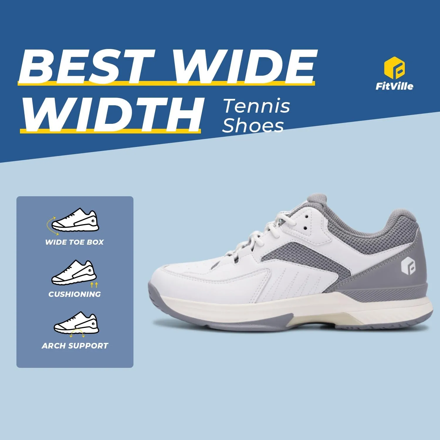 FitVille Men‘s Wide Pickleball Shoes All Court Tennis Shoes with Arch Support for Plantar Fasciitis