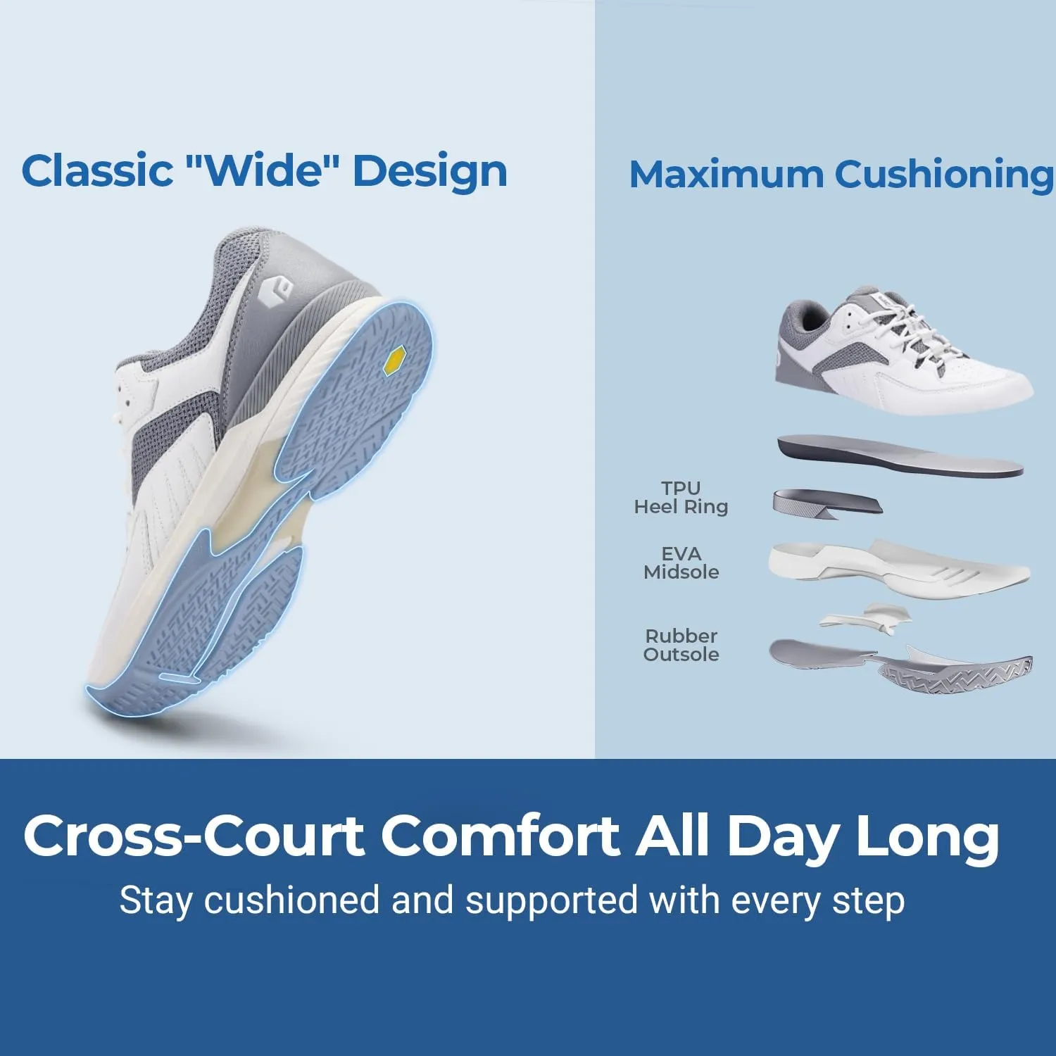 FitVille Men‘s Wide Pickleball Shoes All Court Tennis Shoes with Arch Support for Plantar Fasciitis