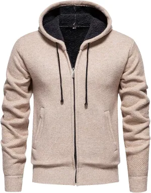 Fleece Jacket for Mens Full Zip Hoodies Sherpa Lined Hooded Jacket Thick Knitted Cardigan Sweaters Outerwear with