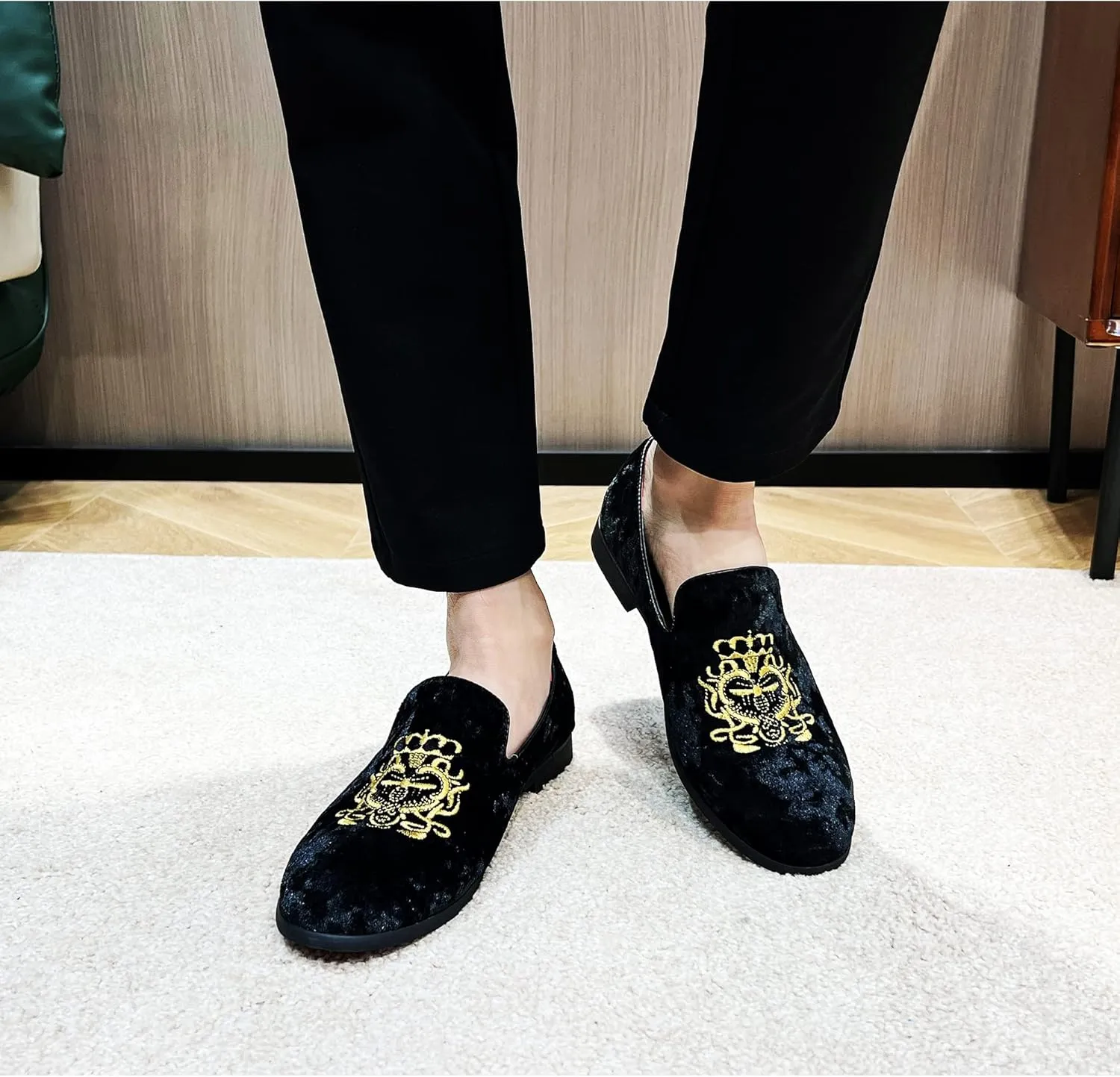 FLQL Men's Luxury Velvet Penny Loafers Shoes Embroidery Suede Dress Loafers Daily Boats Shoes for Party Wedding Prom Size 7-13