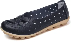 FolHaoth Women's Comfortable Leather Loafers Slip On Walking Flats Casual Round Toe Moccasins Wild Nurse Driving Breathable Fashion Soft Shoes
