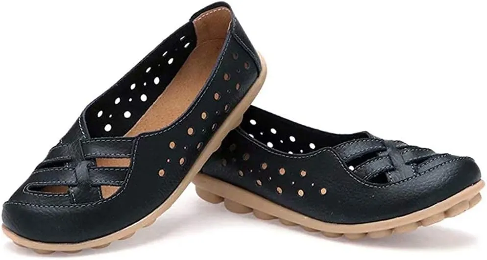 FolHaoth Women's Comfortable Leather Loafers Slip On Walking Flats Casual Round Toe Moccasins Wild Nurse Driving Breathable Fashion Soft Shoes