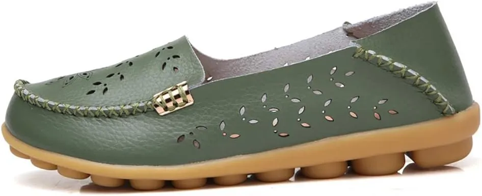 FolHaoth Women's Leather Loafers Slip On Comfortable Walking Flats Casual Round Toe Moccasins Wild Breathable Nurse Driving Fashion Soft Shoes