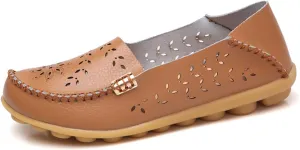 FolHaoth Women's Leather Loafers Slip On Comfortable Walking Flats Casual Round Toe Moccasins Wild Breathable Nurse Driving Fashion Soft Shoes