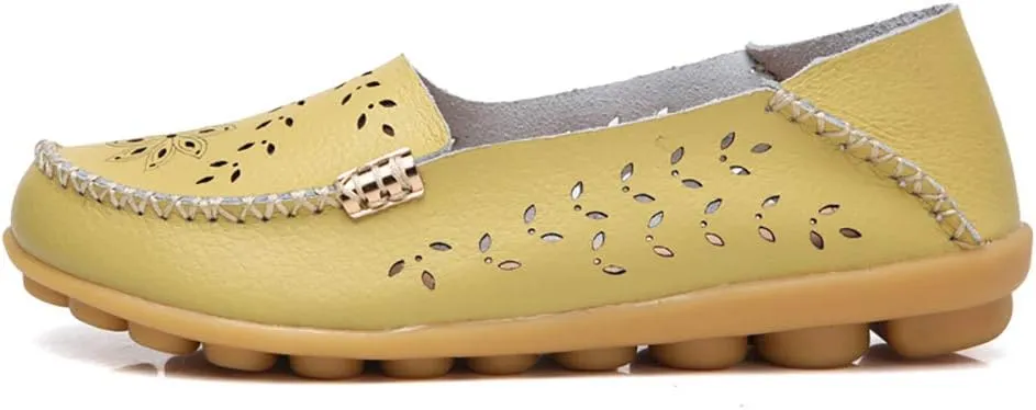 FolHaoth Women's Leather Loafers Slip On Comfortable Walking Flats Casual Round Toe Moccasins Wild Breathable Nurse Driving Fashion Soft Shoes