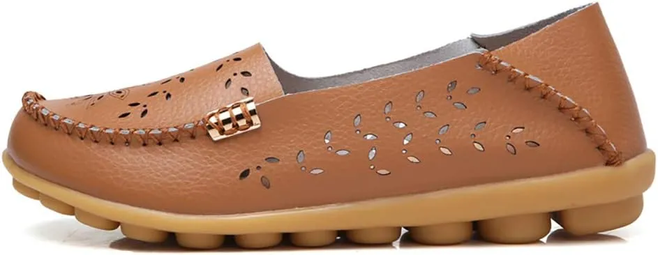 FolHaoth Women's Leather Loafers Slip On Comfortable Walking Flats Casual Round Toe Moccasins Wild Breathable Nurse Driving Fashion Soft Shoes